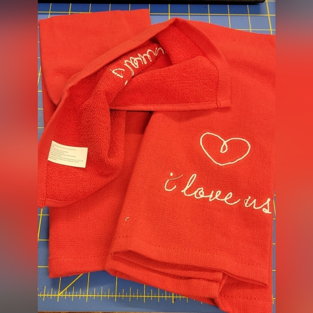 I Love Us Set of 2 Hand Towels 15" x 20" Red Embroidered Terry Cloth Under